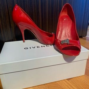 Givenchy red patent leather 3” peep toe shoes